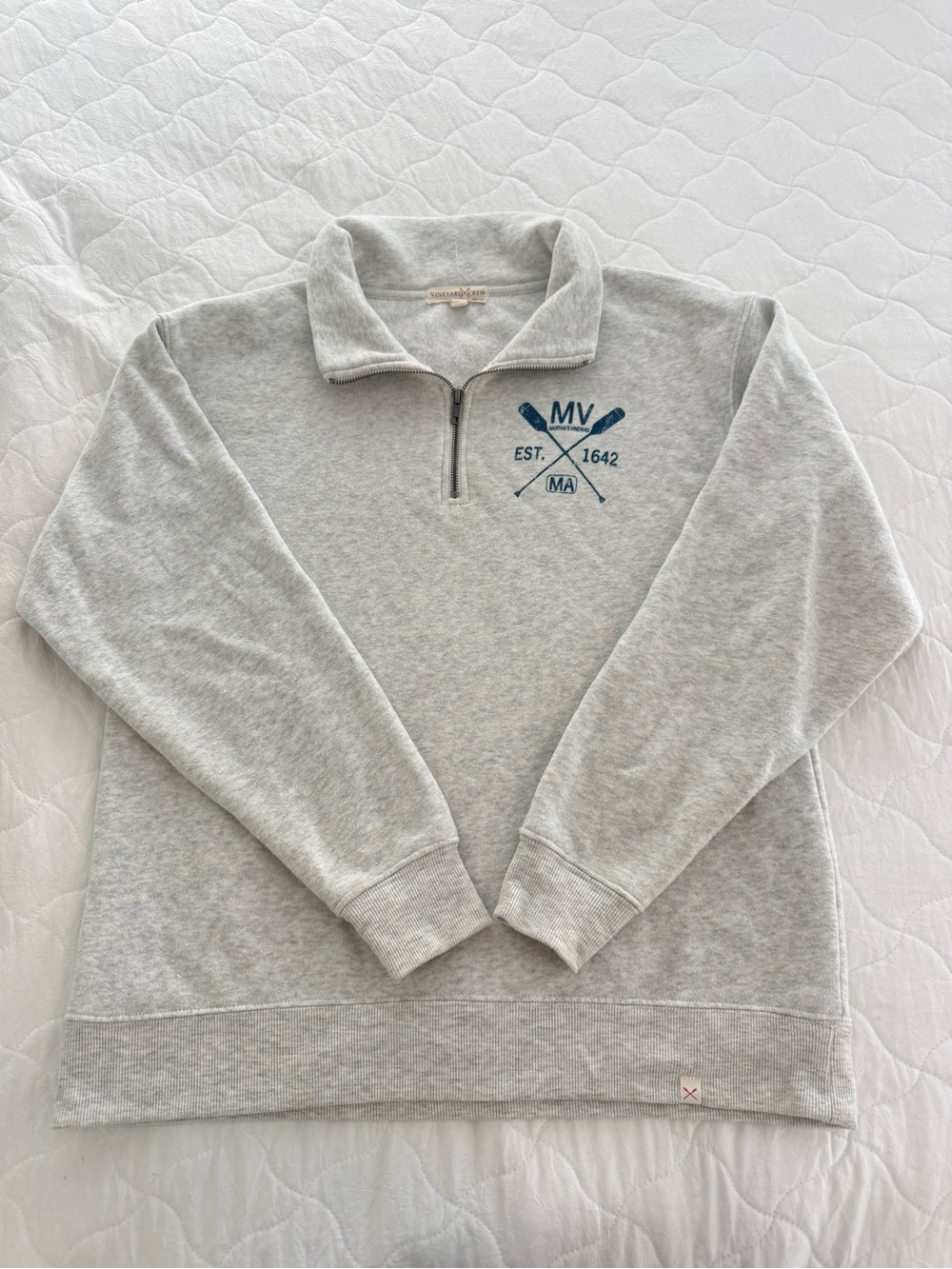 Light Gray Martha’s Vineyard Quarter-Zip Pullover Sweatshirt with Navy Crest
